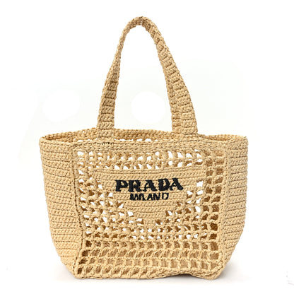 Prada Yarn Raffia Effect Crochet Logo Embroidered Small Tote Bag Naturale 1 of 9