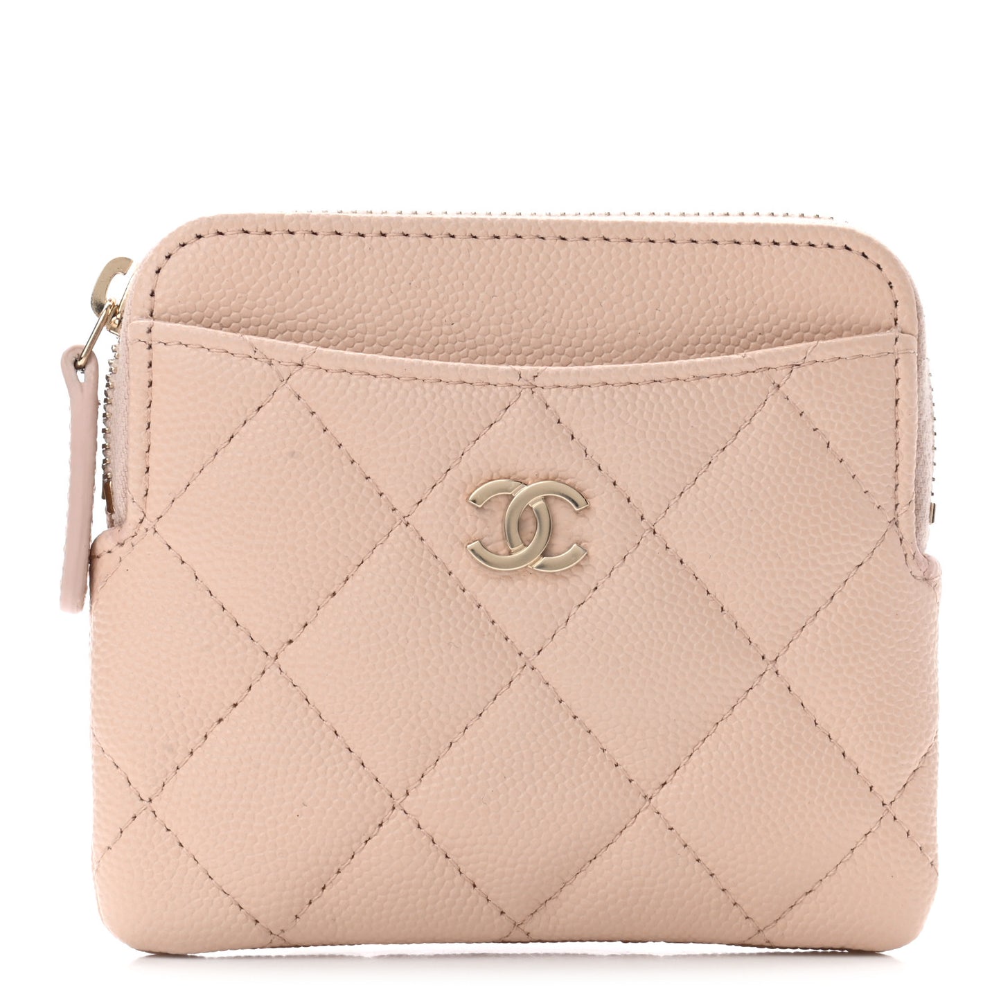 Caviar Quilted Zip Card Holder Wallet Light Beige
