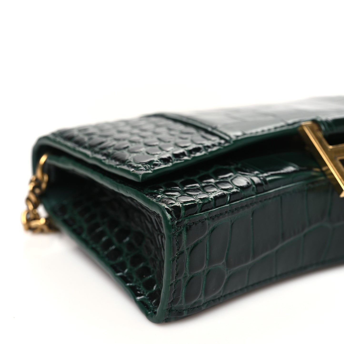 Shiny Calfskin Crocodile Embossed Hourglass Chain Bag Forest Green