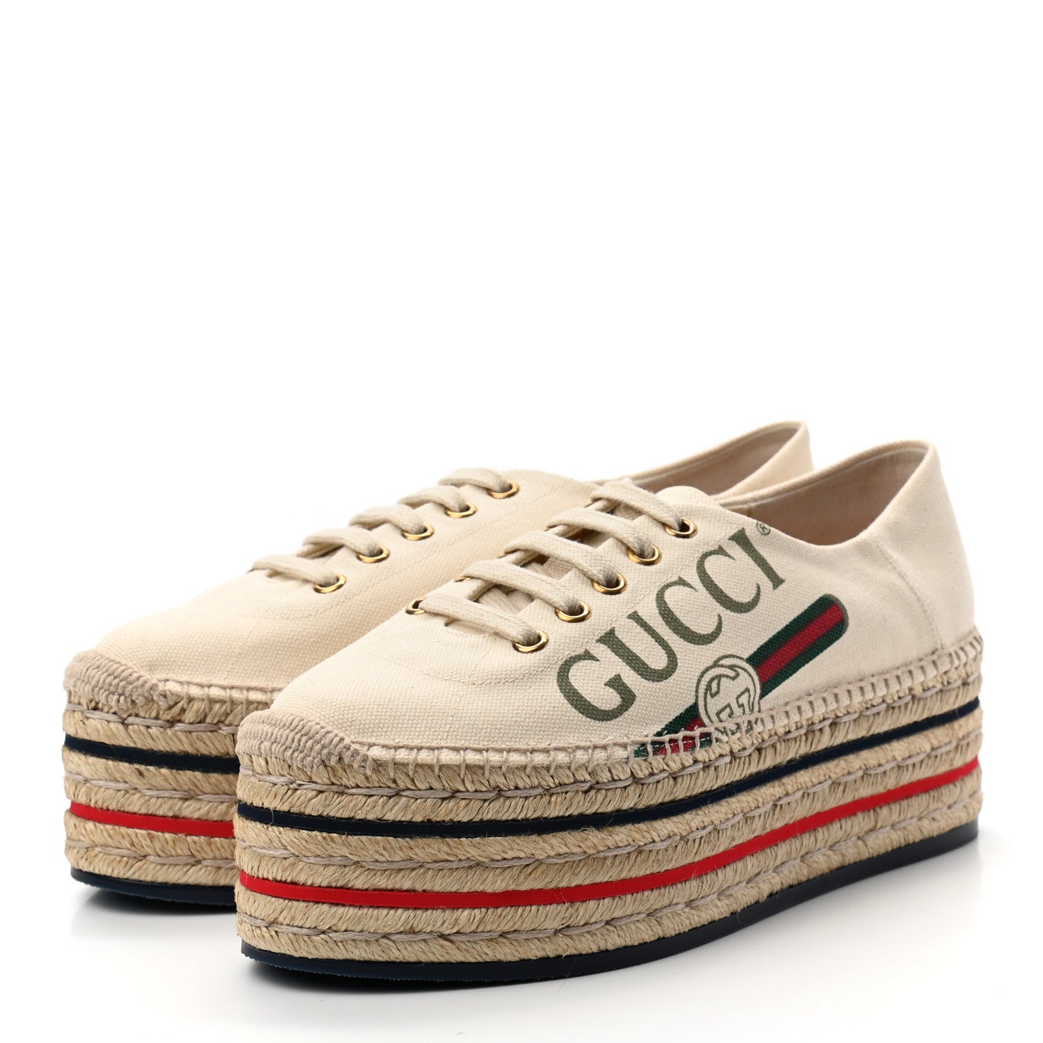 Gucci Canvas Logo Lace-Up Platform Espadrilles 37 Greggio Grege 3 of 8