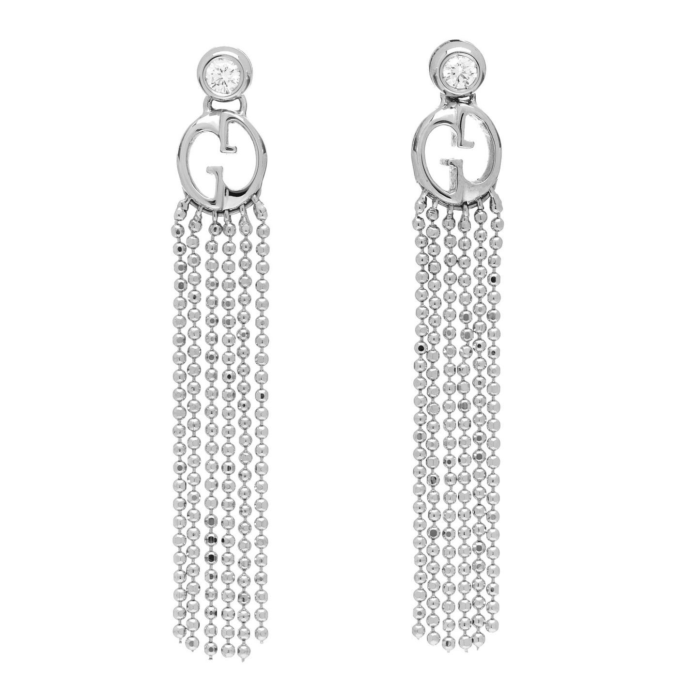 18K White Gold Diamond GG Beaded Tassel Drop Earrings