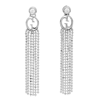 Gucci 18K White Gold Diamond GG Beaded Tassel Drop Earrings 1 of 5
