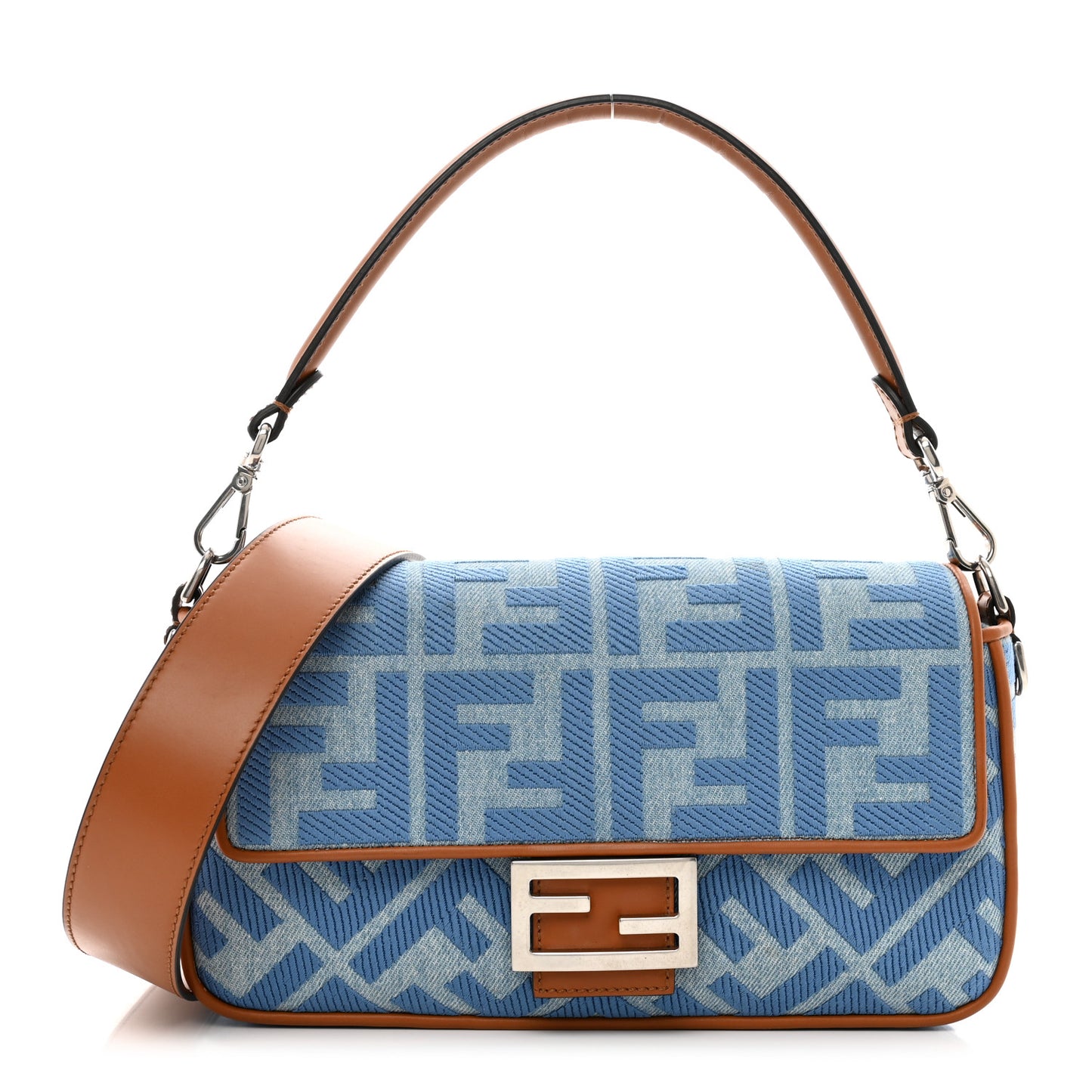 Denim Vitello King FF Embroidered Baguette Denim Chiaro Brandy