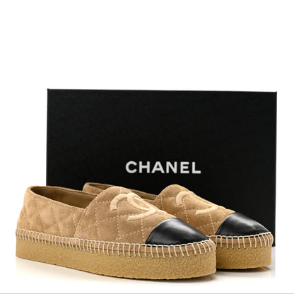 Chanel Suede Quilted CC Platform Espadrilles 39 Beige Black 10 of 10