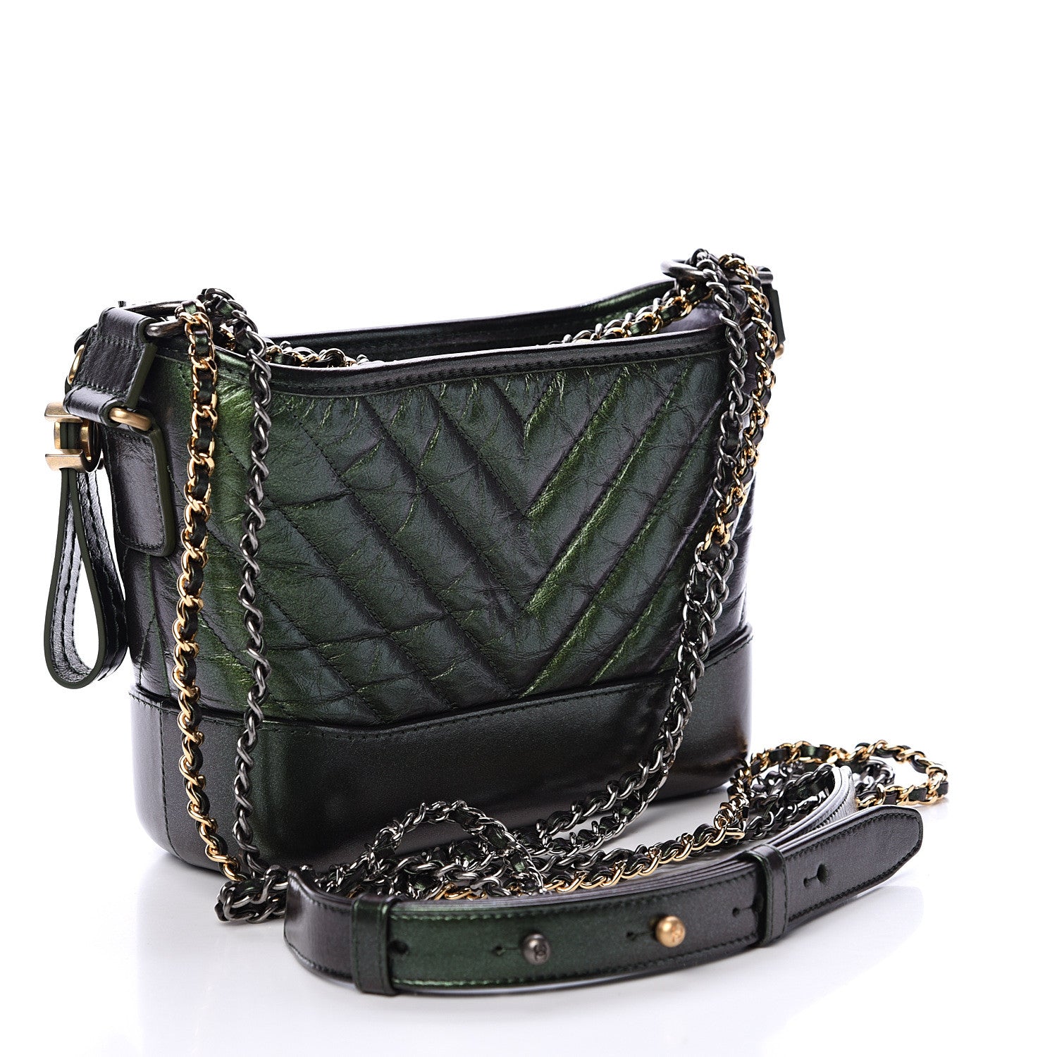 Chanel Metallic Calfskin Chevron Quilted Small Gabrielle Hobo Green 2 of 10