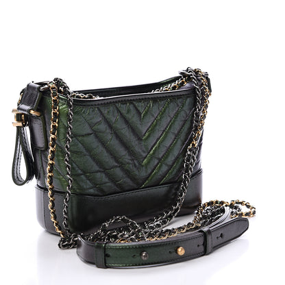 Chanel Metallic Calfskin Chevron Quilted Small Gabrielle Hobo Green 2 of 10