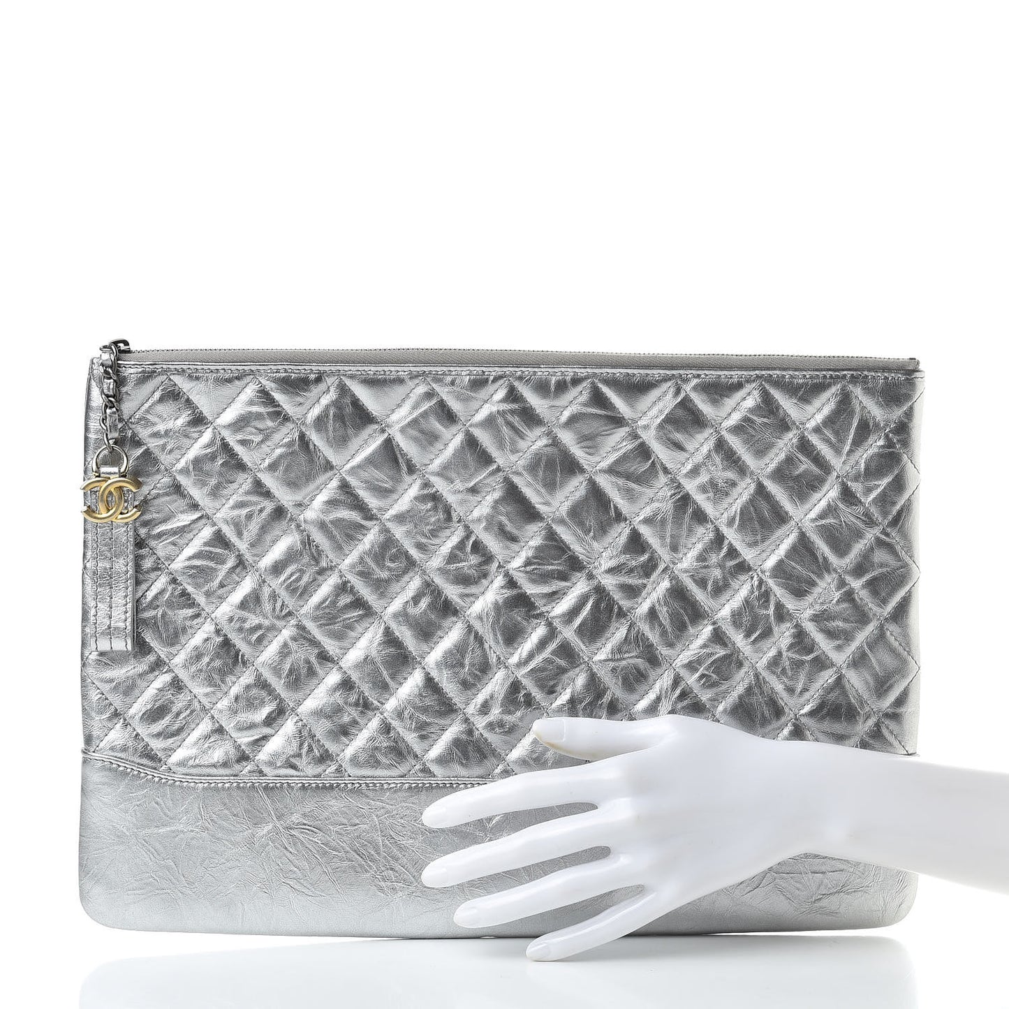 Metallic Aged Calfskin Quilted Large Gabrielle Cosmetic Case Silver