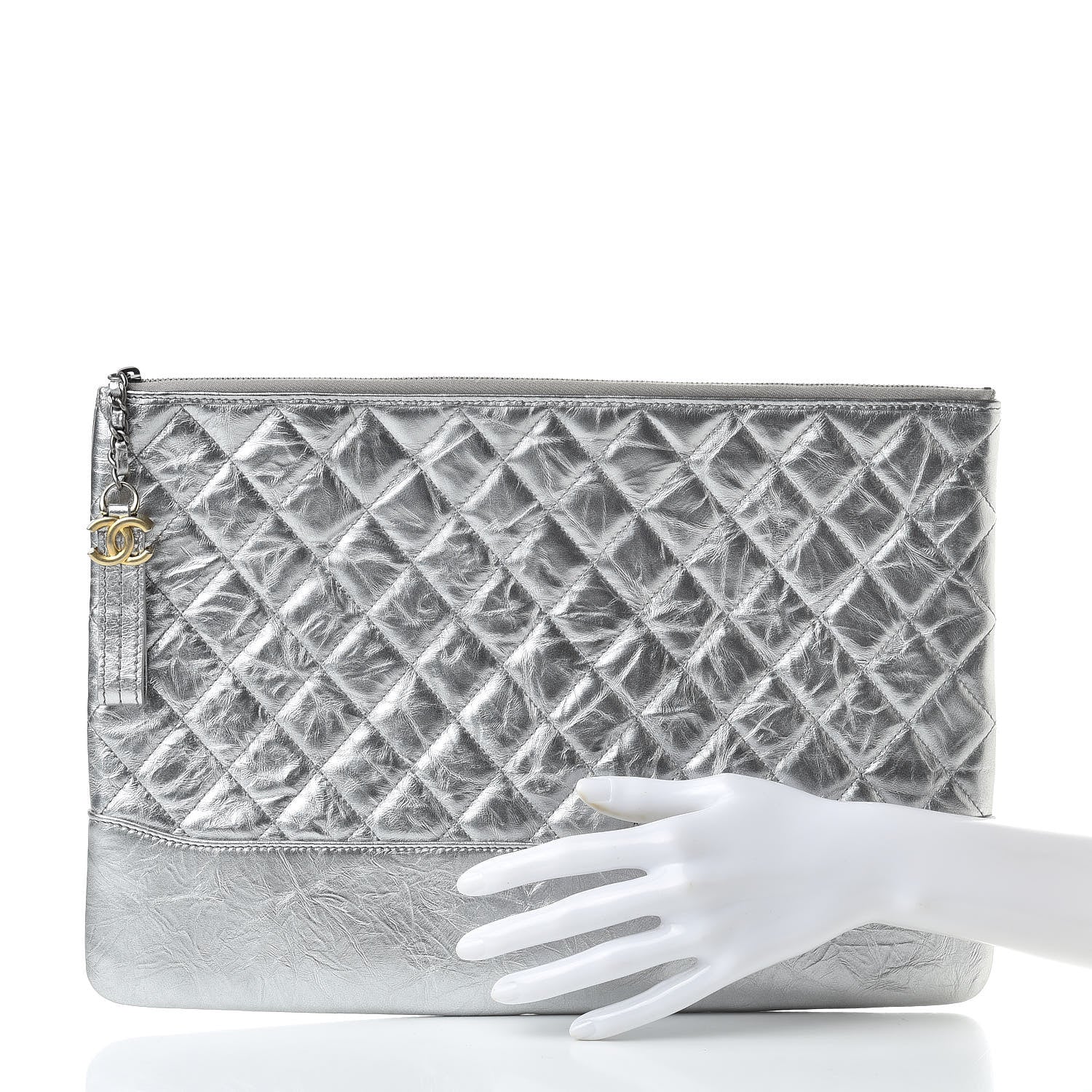 Chanel Metallic Aged Calfskin Quilted Large Gabrielle Cosmetic Case Silver 2 of 7