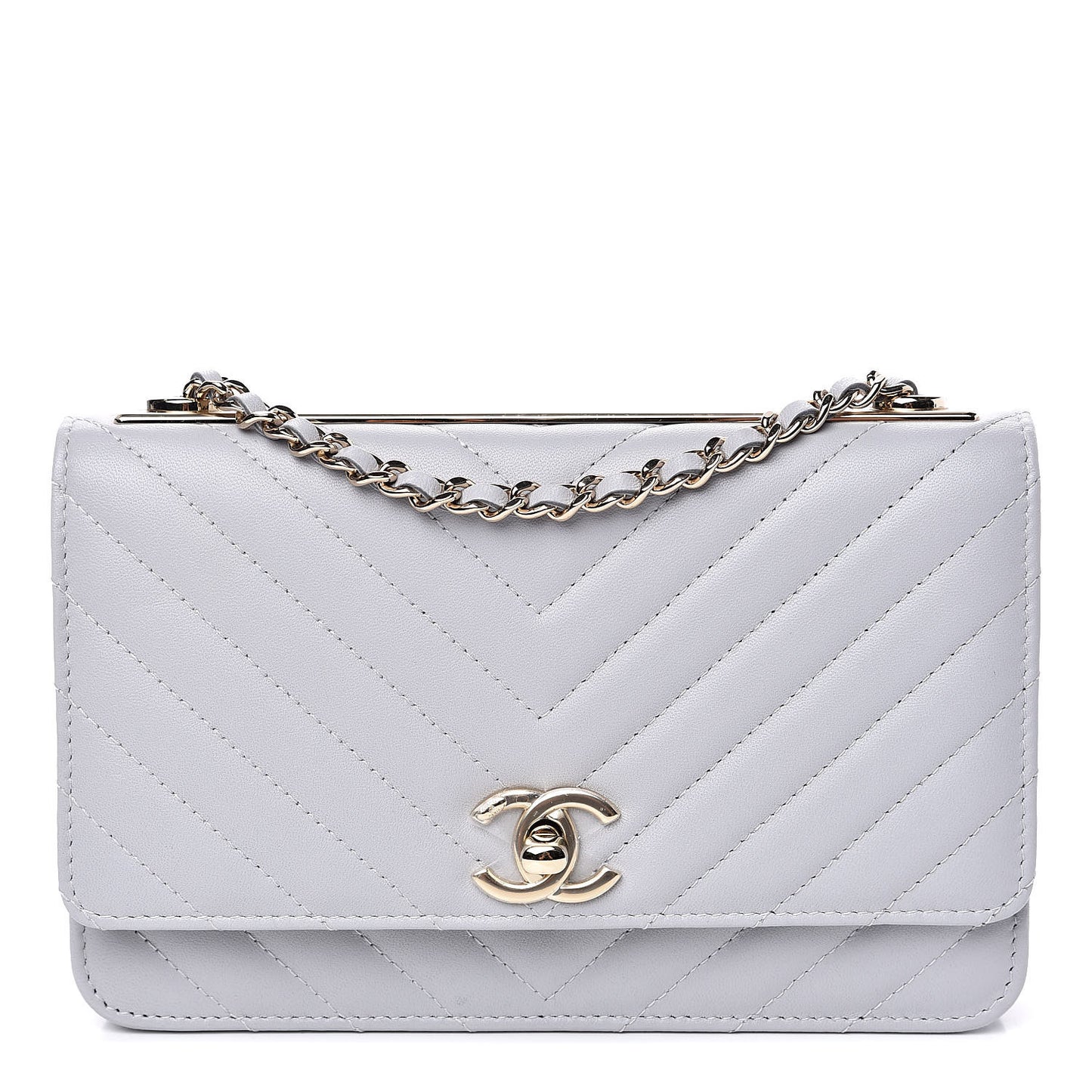 Lambskin Chevron Quilted Trendy CC Wallet On Chain WOC Grey