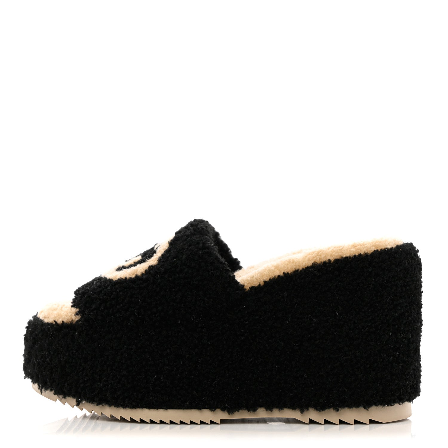 Gucci Shearling Interlocking G Womens Elea Platform Slide Wedge Sandals 37 Black Butterscotch 1 of 9