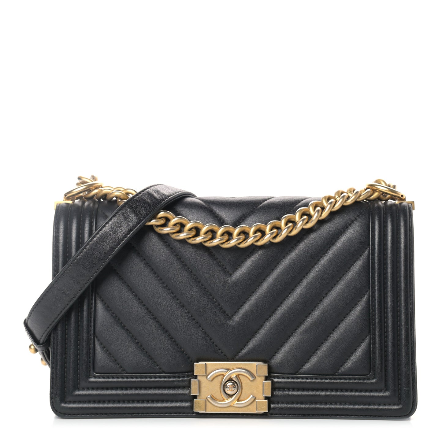 Calfskin Chevron Quilted Medium Boy Flap Black