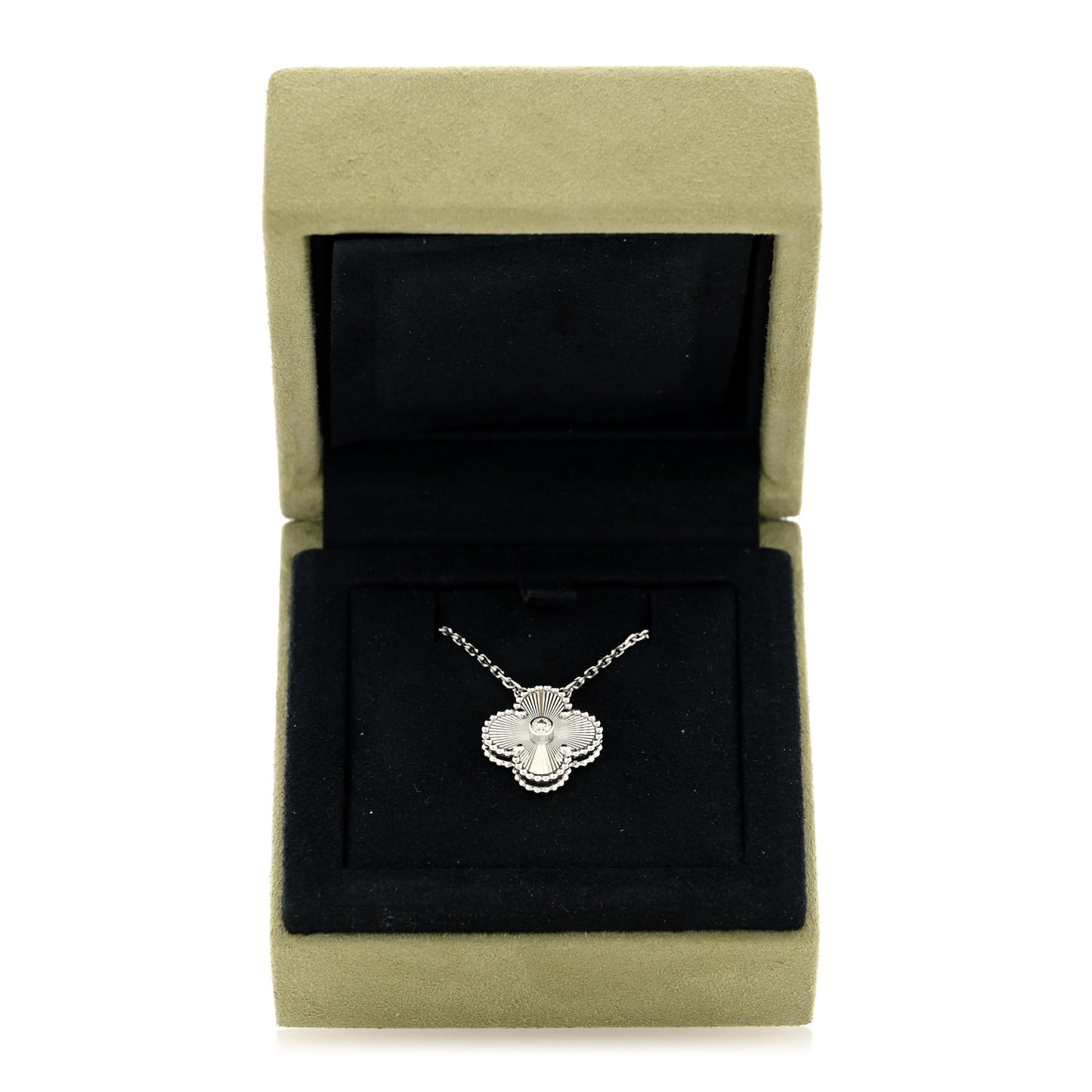 18K White Gold Diamond Guilloche Vintage Alhambra Pendant Necklace