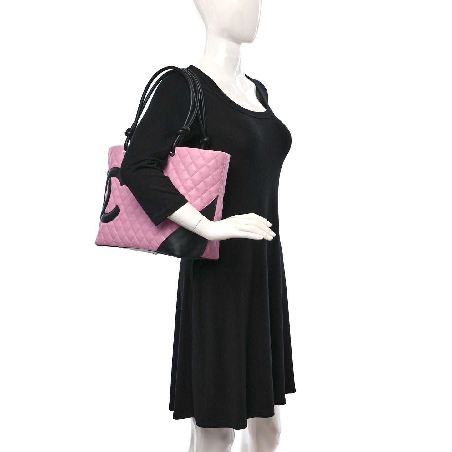 Calfskin Quilted Large Cambon Tote Pink Black