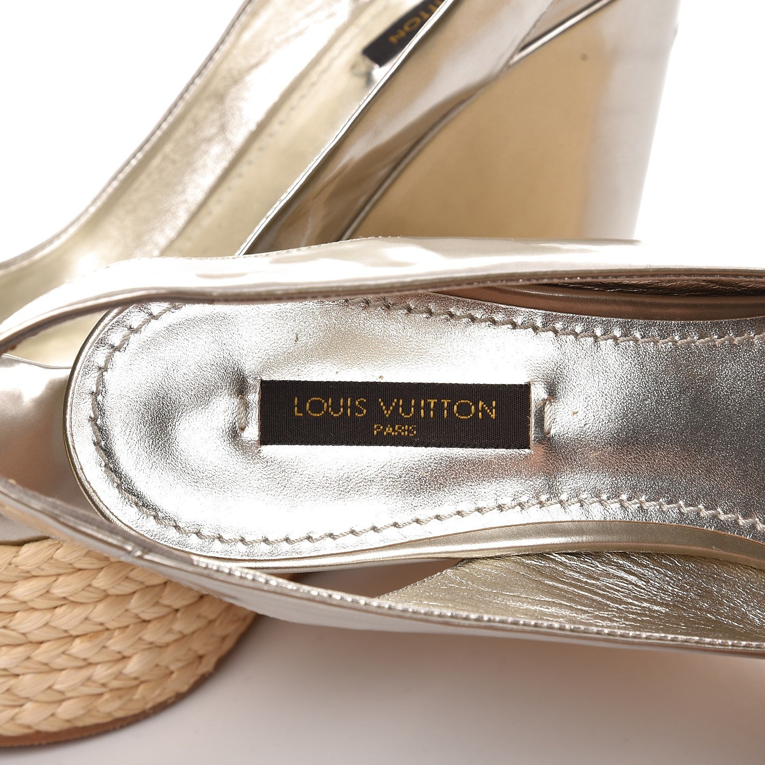 Louis Vuitton Patent Leather Lagoon Espadrille Peep Toe Wedges 37 Silver 8 of 8