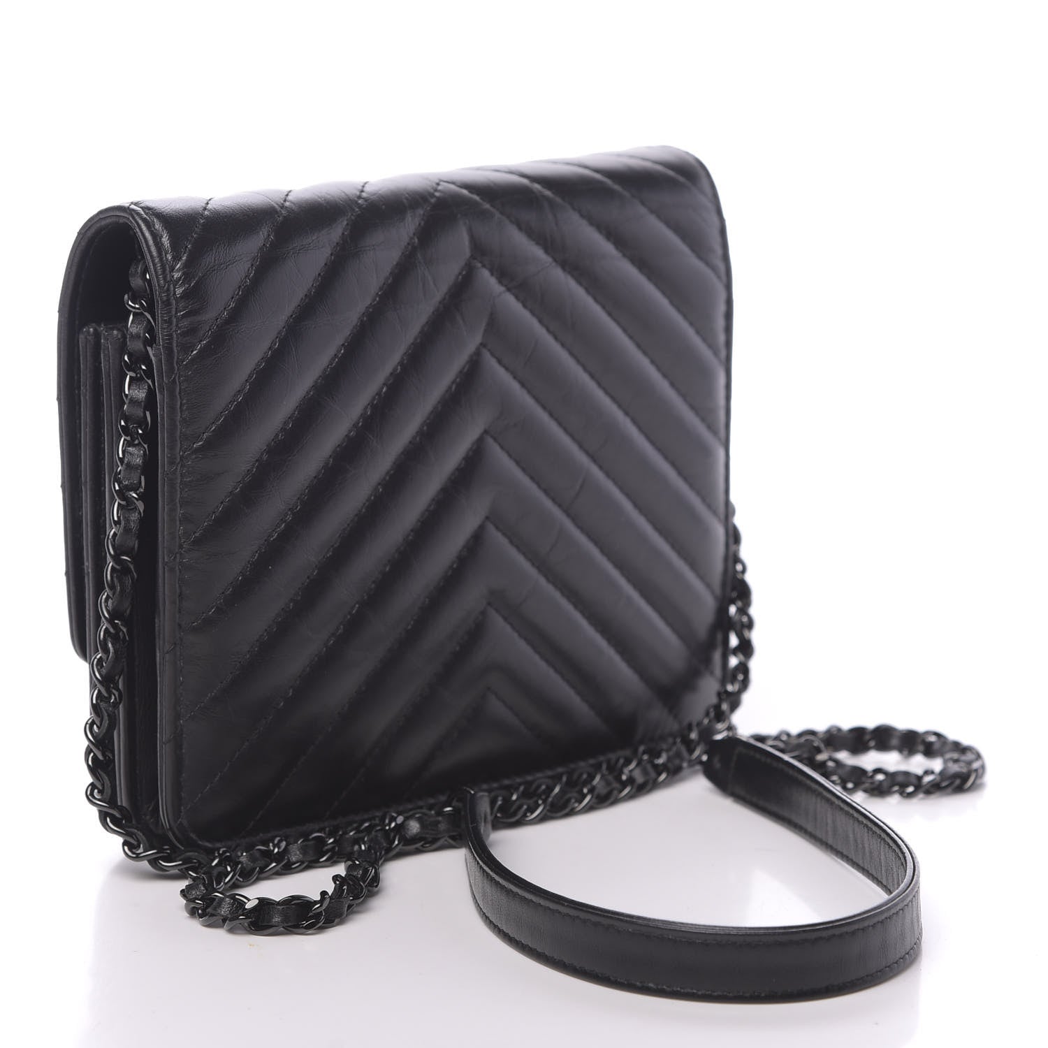 Chanel Aged Calfskin Chevron Quilted Reissue 2.55 Square Wallet On Chain WOC So Black 3 of 12