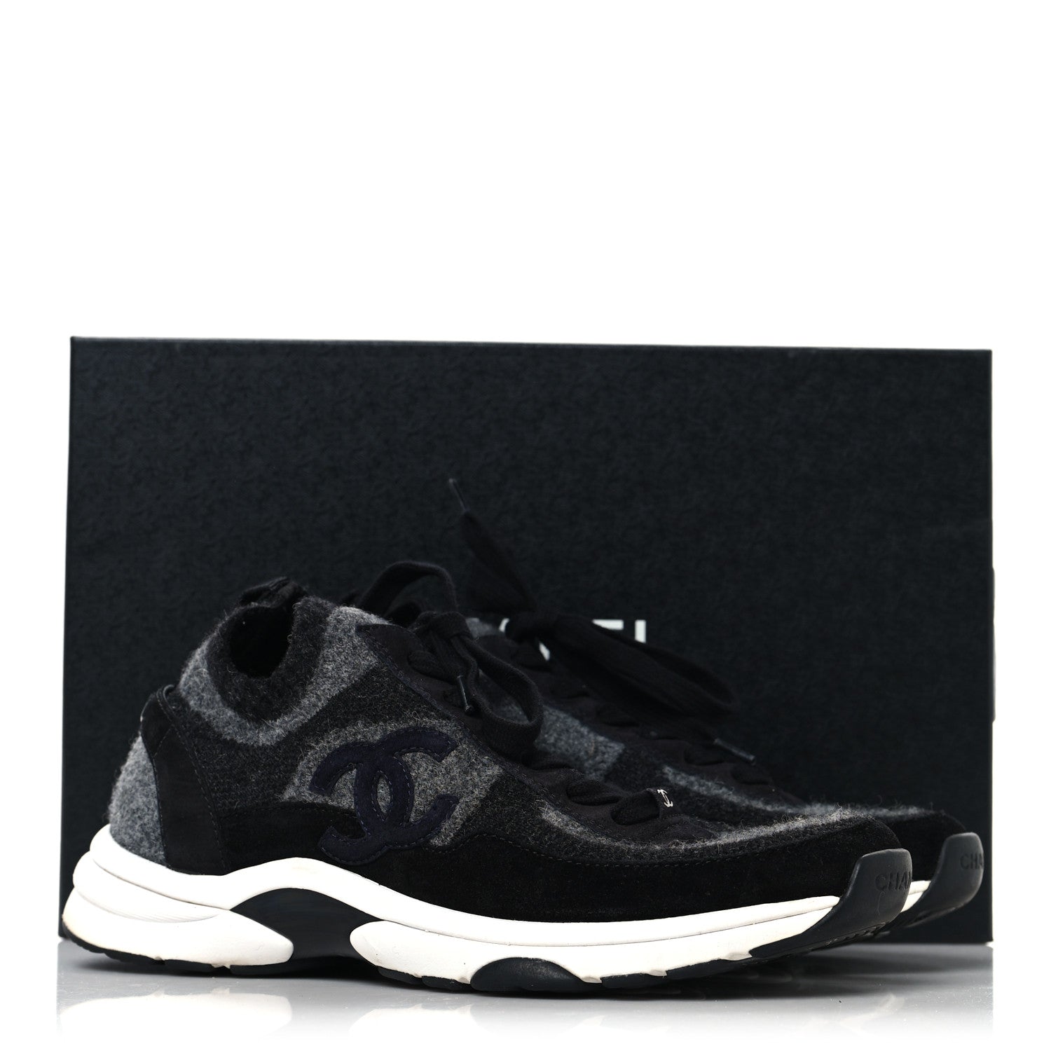 Chanel Knit Fabric Suede Calfskin Womens CC Sneakers 38.5 Black Grey 8 of 8