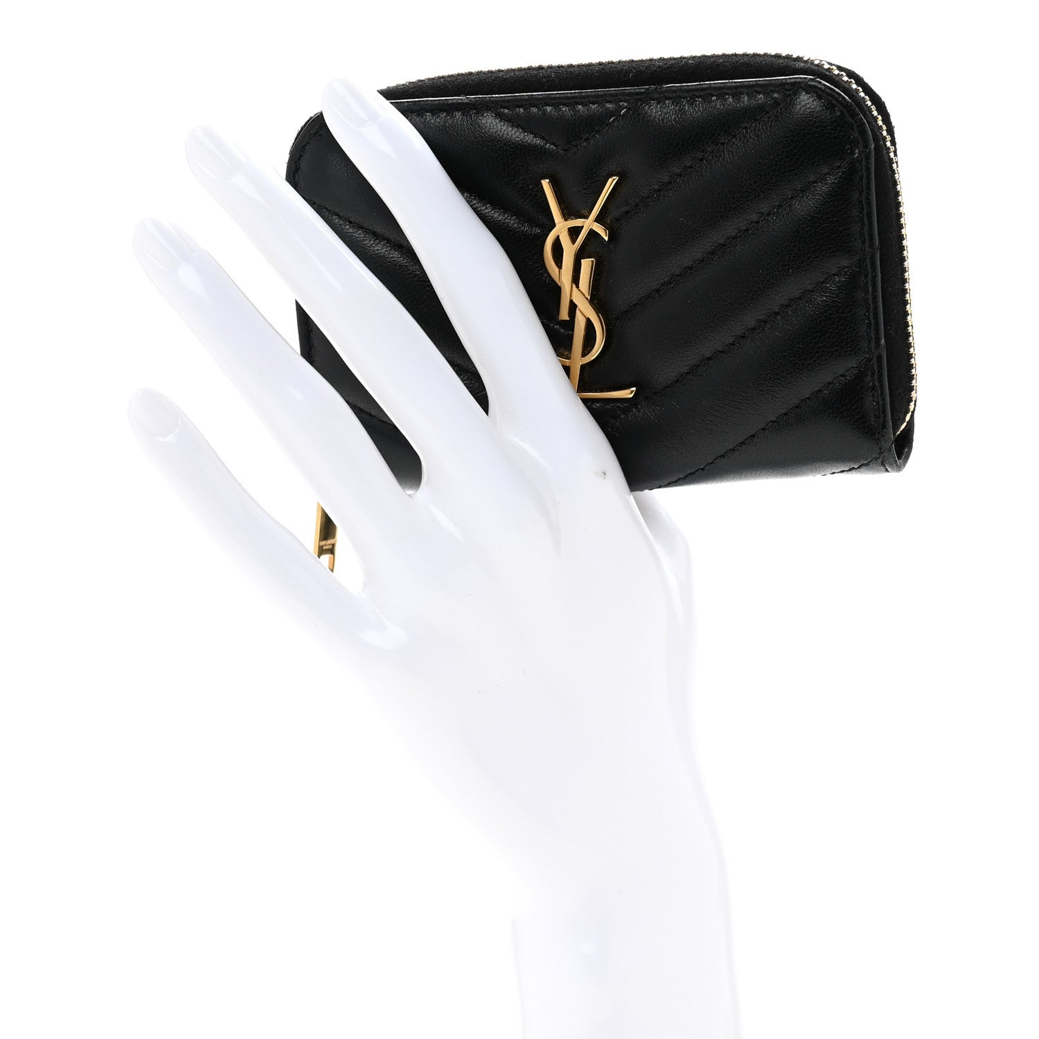 Saint Laurent Lambskin Matelasse Chevron Monogram Cassandre Compact Zip Around Card Wallet Black 2 of 9