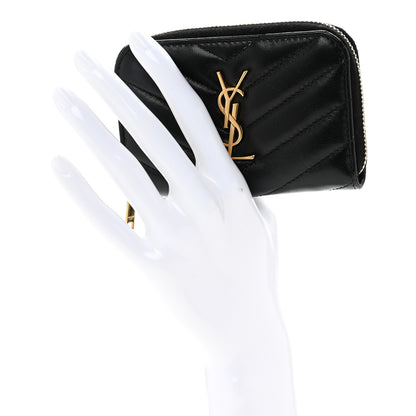 Saint Laurent Lambskin Matelasse Chevron Monogram Cassandre Compact Zip Around Card Wallet Black 2 of 9