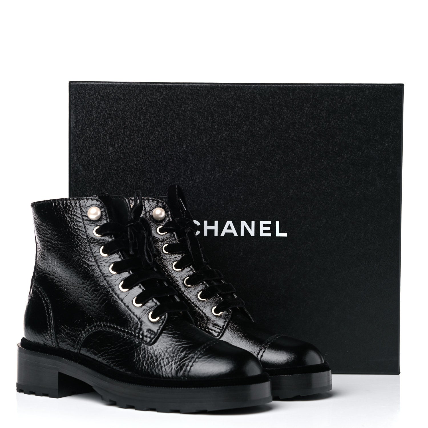Chanel Shiny Calfskin Velvet Pearl Combat Short Boots 37 Black 13 of 13
