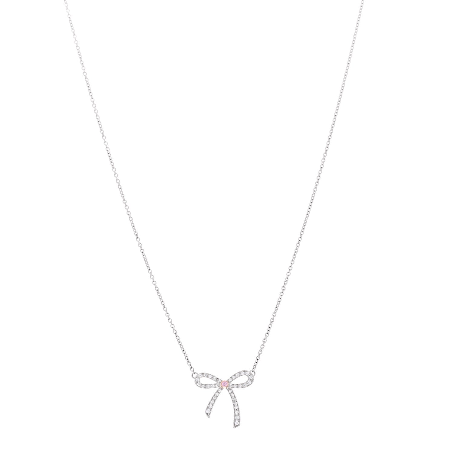 Tiffany Platinum 18K Rose Gold Pink Diamond Mini Bow Pendant Necklace 1 of 5