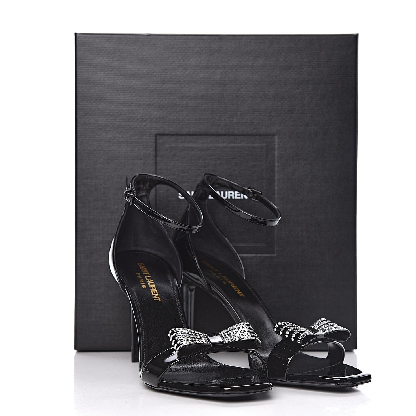 Patent Calfskin Crystal Amber Bow 85 Ankle Strap Sandals 38 Black