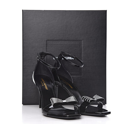 Saint Laurent Patent Calfskin Crystal Amber Bow 85 Ankle Strap Sandals 38 Black 10 of 10