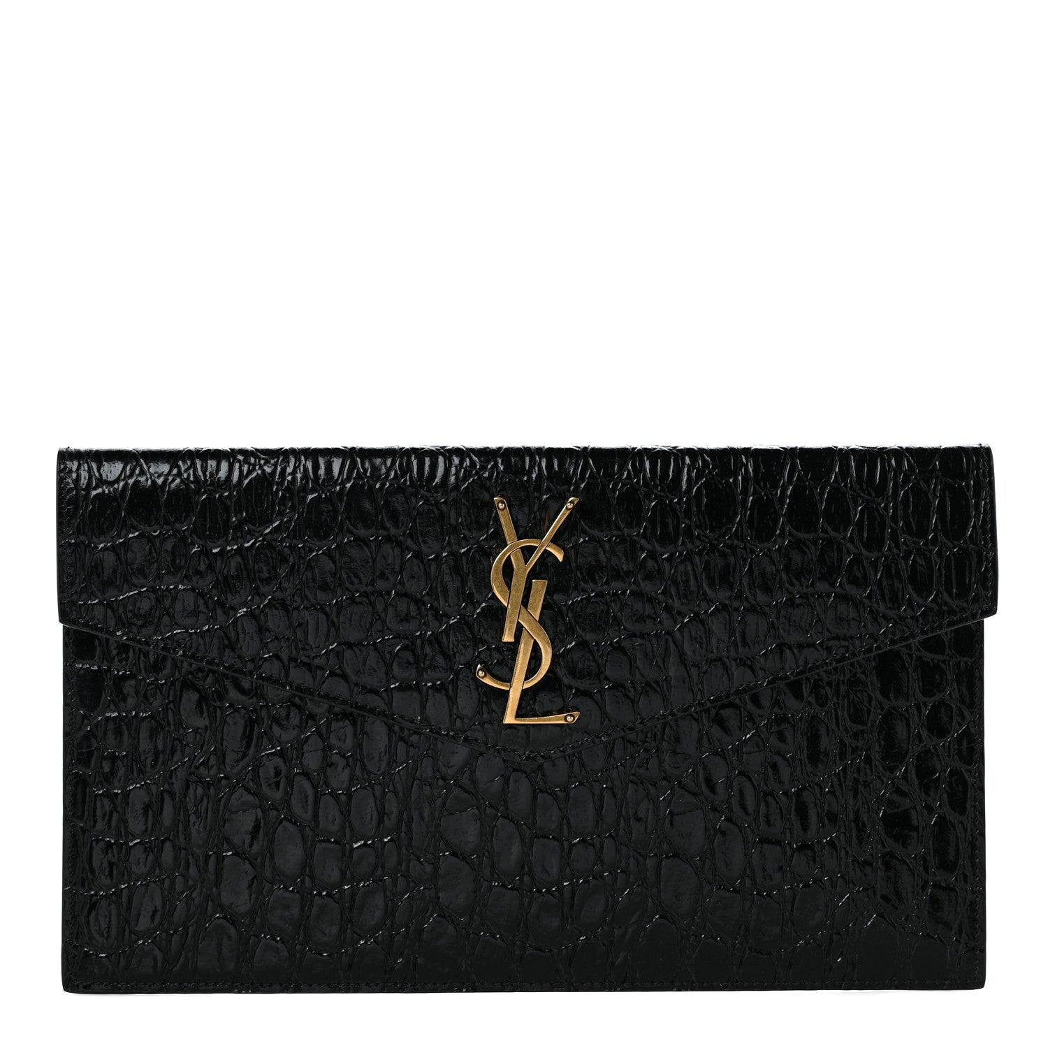 Saint Laurent Calfskin Crocodile Embossed Uptown Monogram Pouch Black 1 of 8
