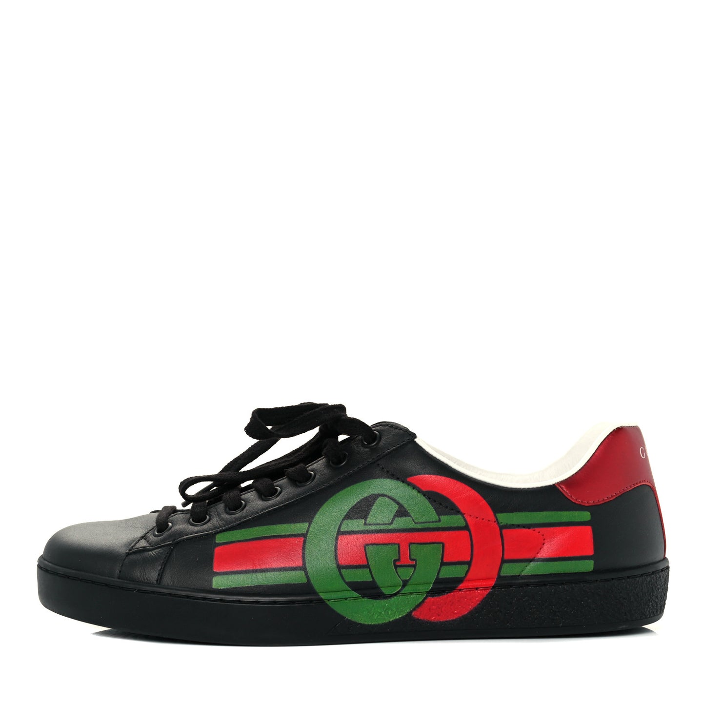 Calfskin Interlocking G Mens New Ace Sneakers 8 Black Red Flame Green