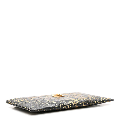 Chanel Calfskin Crocodile Embossed Graffiti 2.55 Cocodile Reissue Zip Pouch Black Gold 4 of 7
