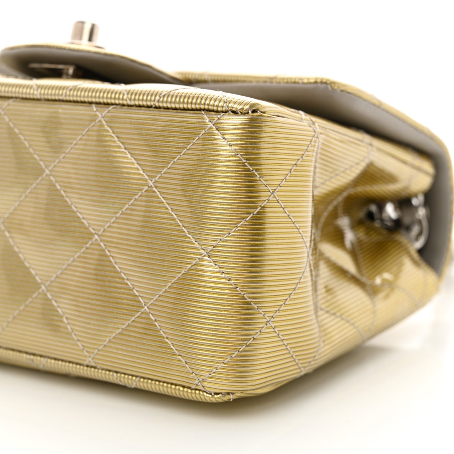 Striated Patent Quilted Mini Square Flap Beige
