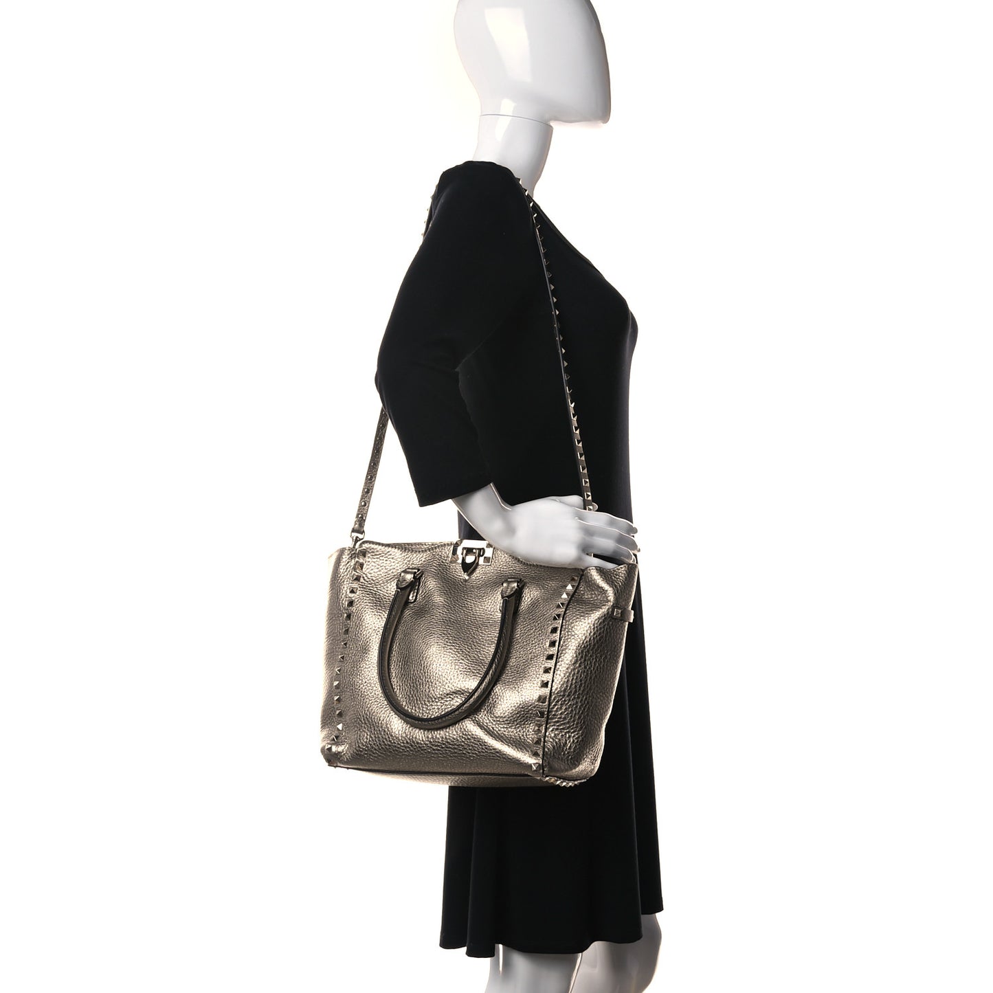 Metallic Grained Calfskin Rockstud Double Handle Tote Sasso