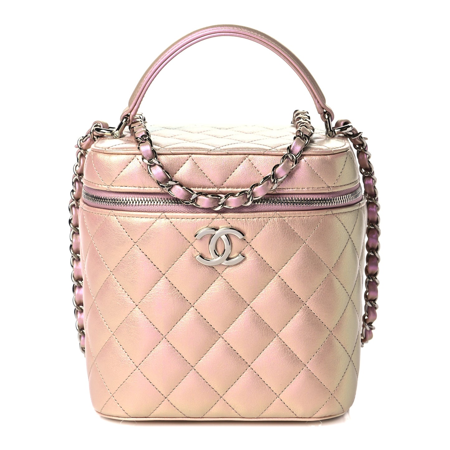 Iridescent Calfskin Quilted Small Top Handle Vanity Case With Chain Pink
