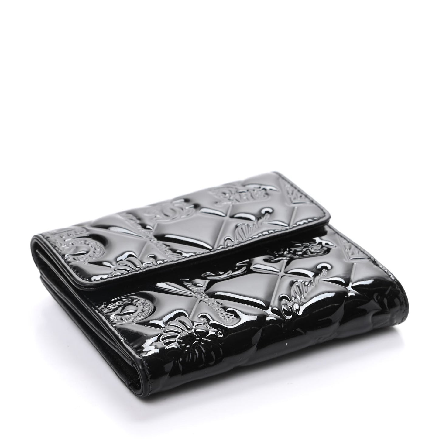 Patent Calfskin Lucky Symbols Compact French Flap Wallet Black