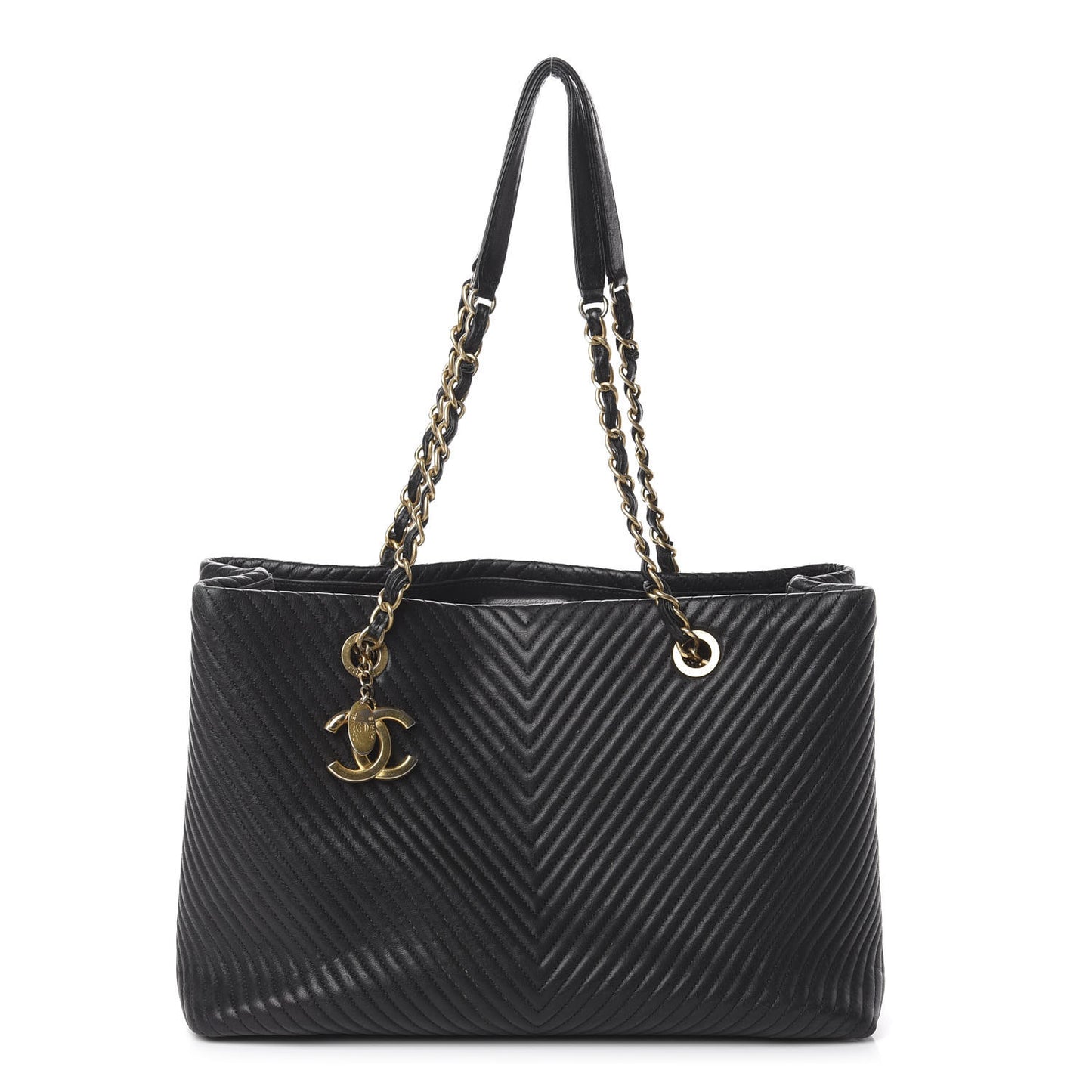 Wrinkled Lambskin Chevron Quilted Large Surpique Tote Black