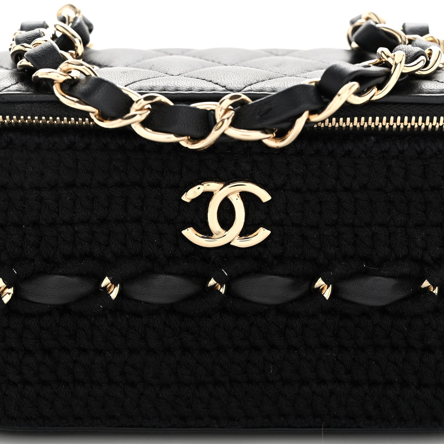 Lambskin Crochet Quilted Small Vanity Case With Chain Black