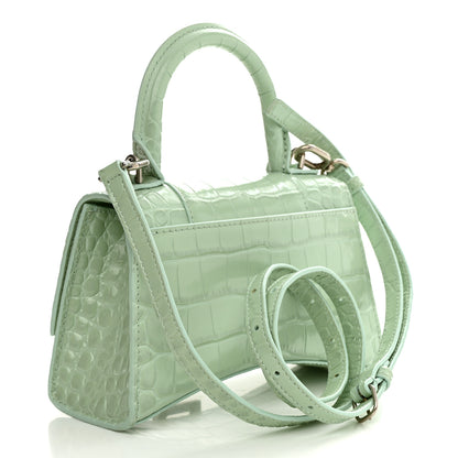 Balenciaga Shiny Calfskin Crocodile Embossed Hourglass Top Handle Bag XS Light Green 3 of 12