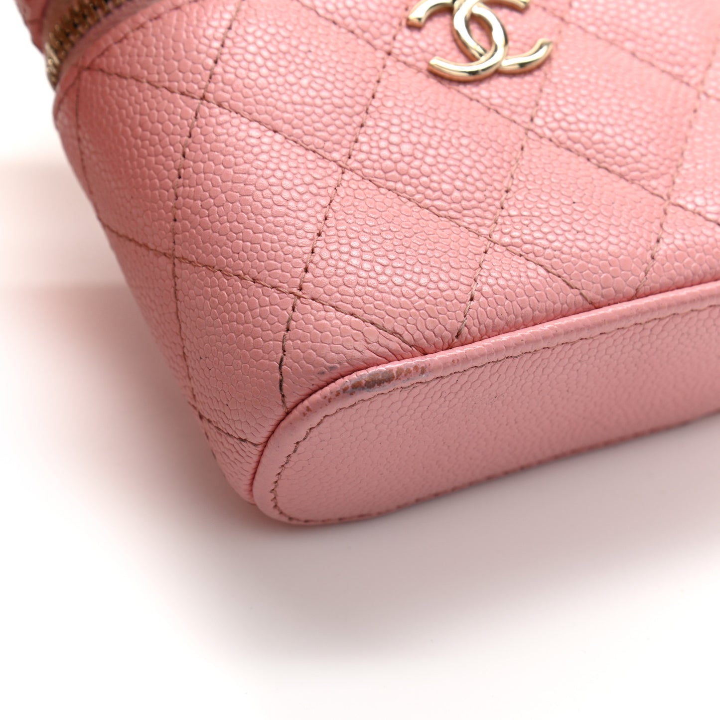 Caviar Quilted Small Handle With Care Vanity Case With Chain Pink