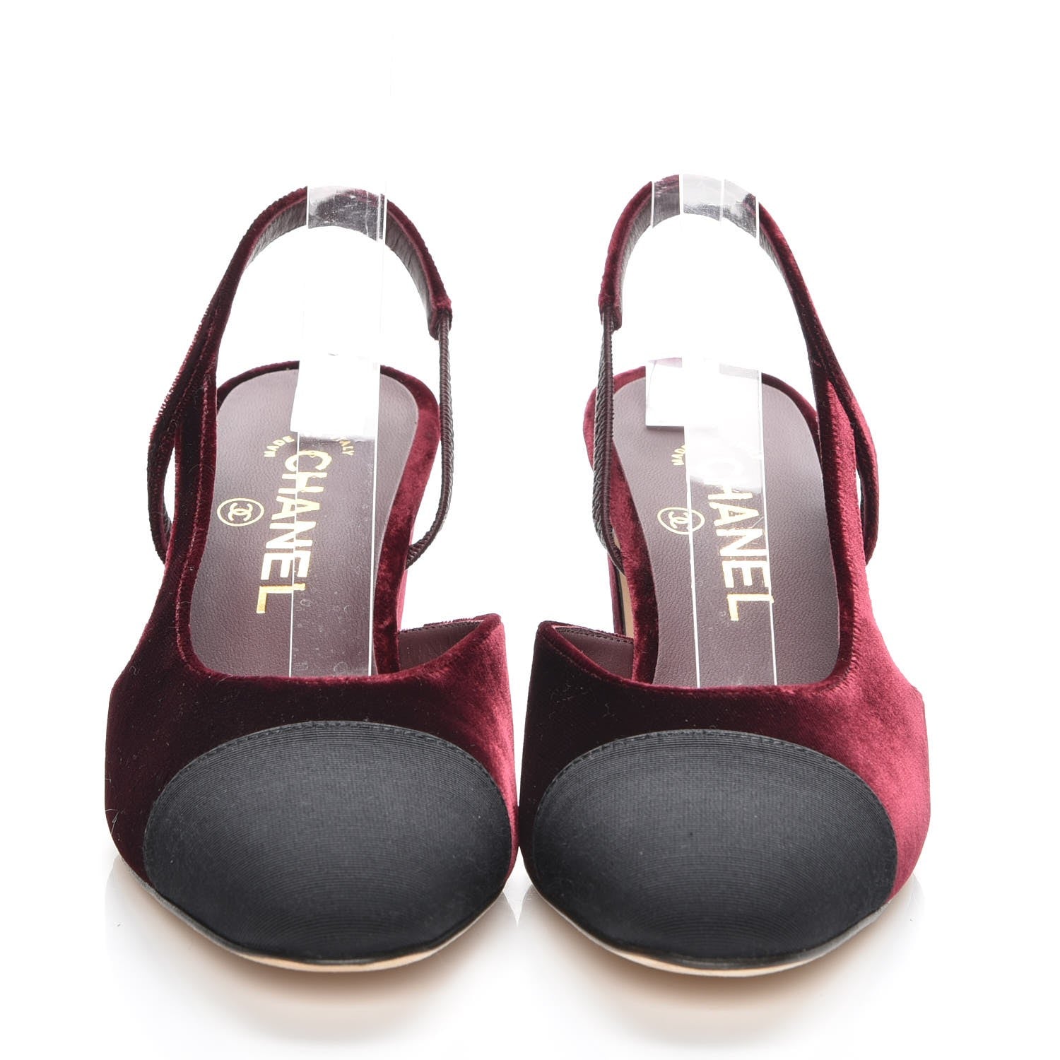 Chanel Velvet Grosgrain Cap Toe CC Slingback Pumps 37 Burgundy Black 2 of 9