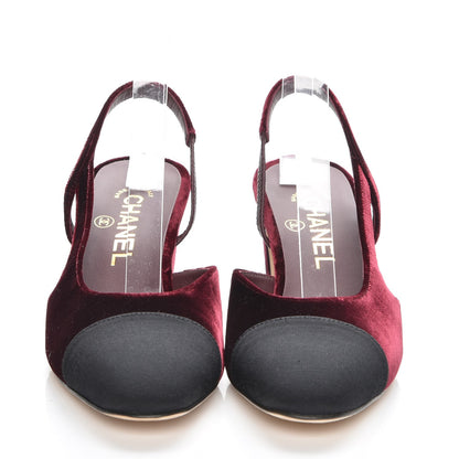 Chanel Velvet Grosgrain Cap Toe CC Slingback Pumps 37 Burgundy Black 2 of 9
