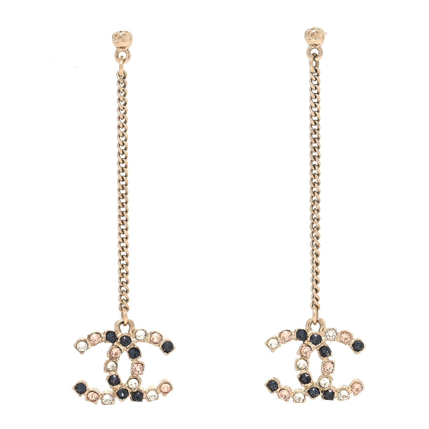 Chanel Crystal CC Drop Earrings Pink Grey Gold 1 of 4