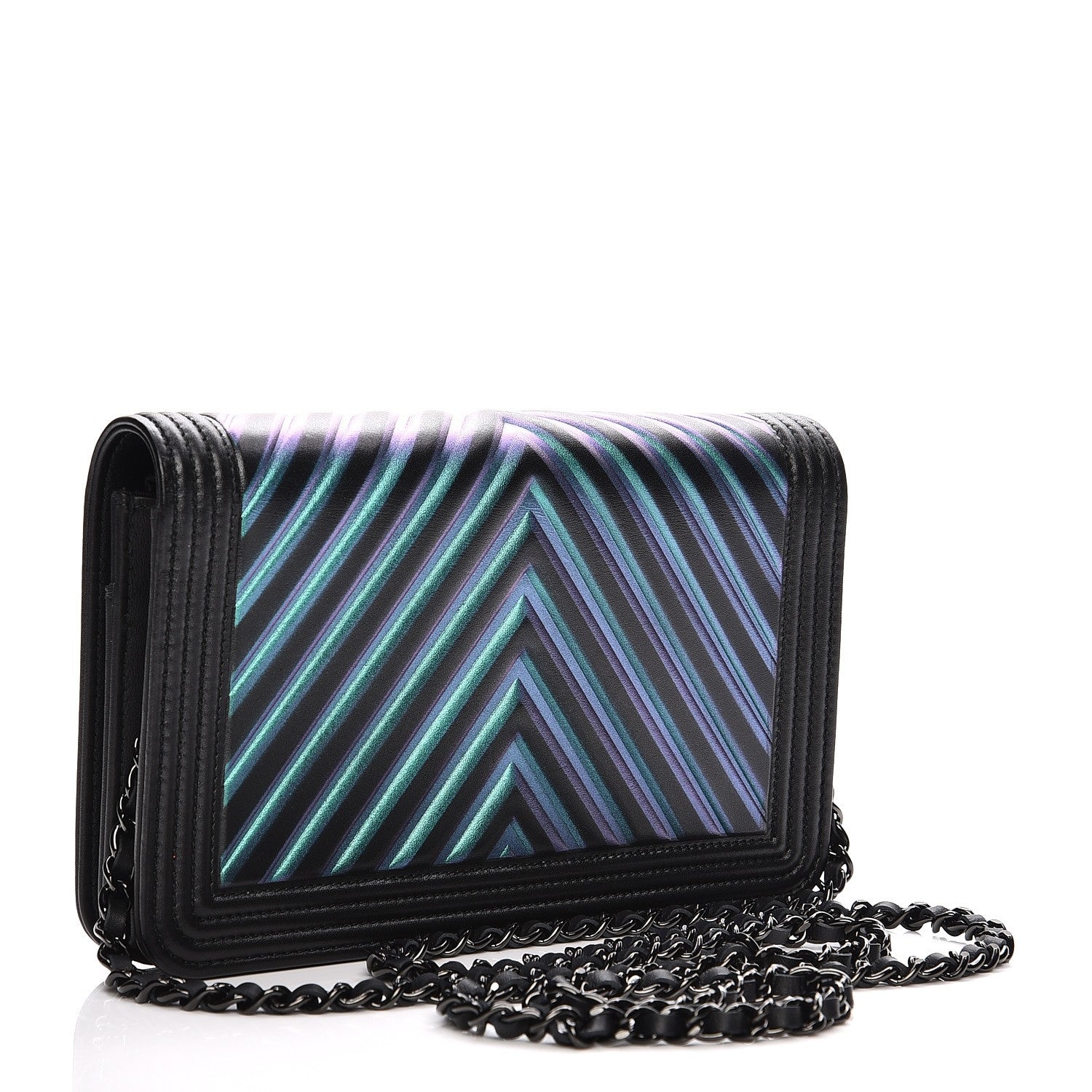 Chanel Calfskin Painted Chevron Embossed Boy Wallet On Chain WOC Black 3 of 11