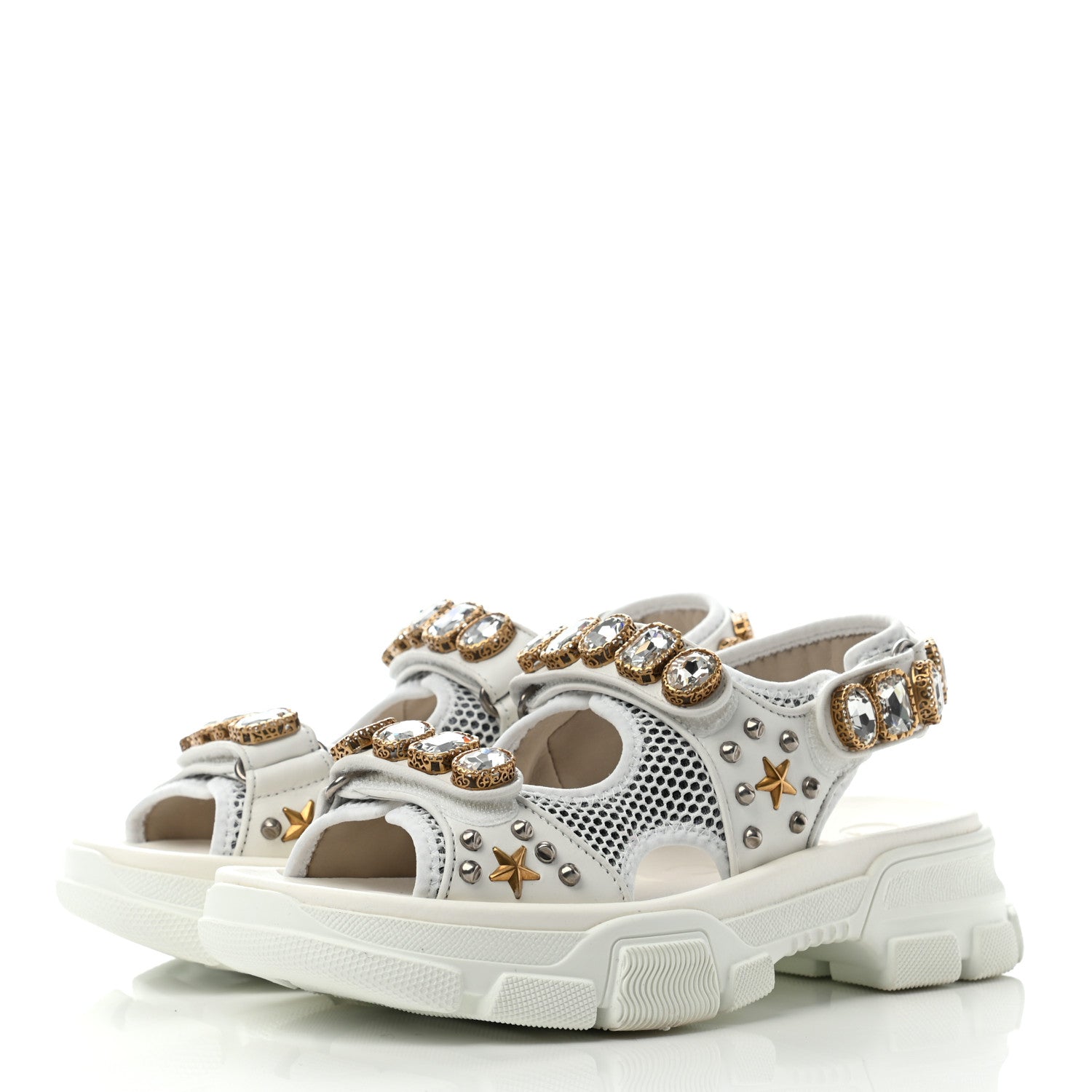 Gucci Nappa Mesh Crystal Embellished Studded Womens Aguru Sandals 38 Great White 3 of 7