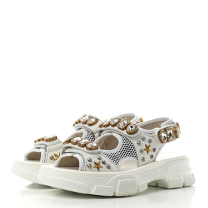 Gucci Nappa Mesh Crystal Embellished Studded Womens Aguru Sandals 38 Great White 3 of 7