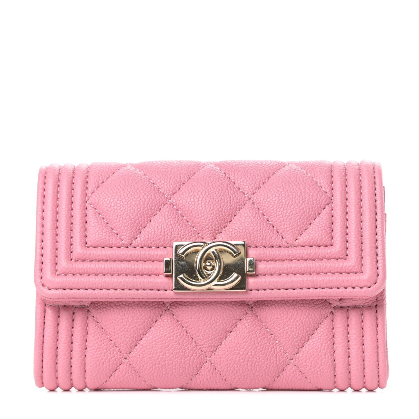 Caviar Quilted Boy Flap Card Holder Wallet Light Pink