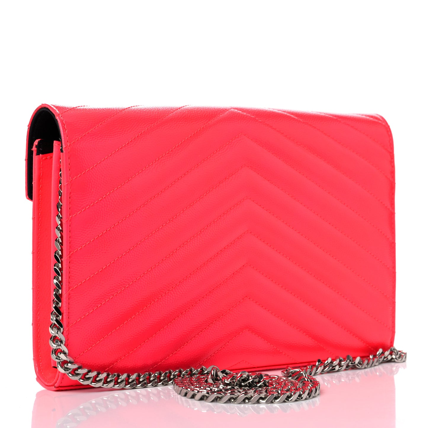 Patent Grain De Poudre Matelasse Chevron Monogram Chain Wallet Neon Pink