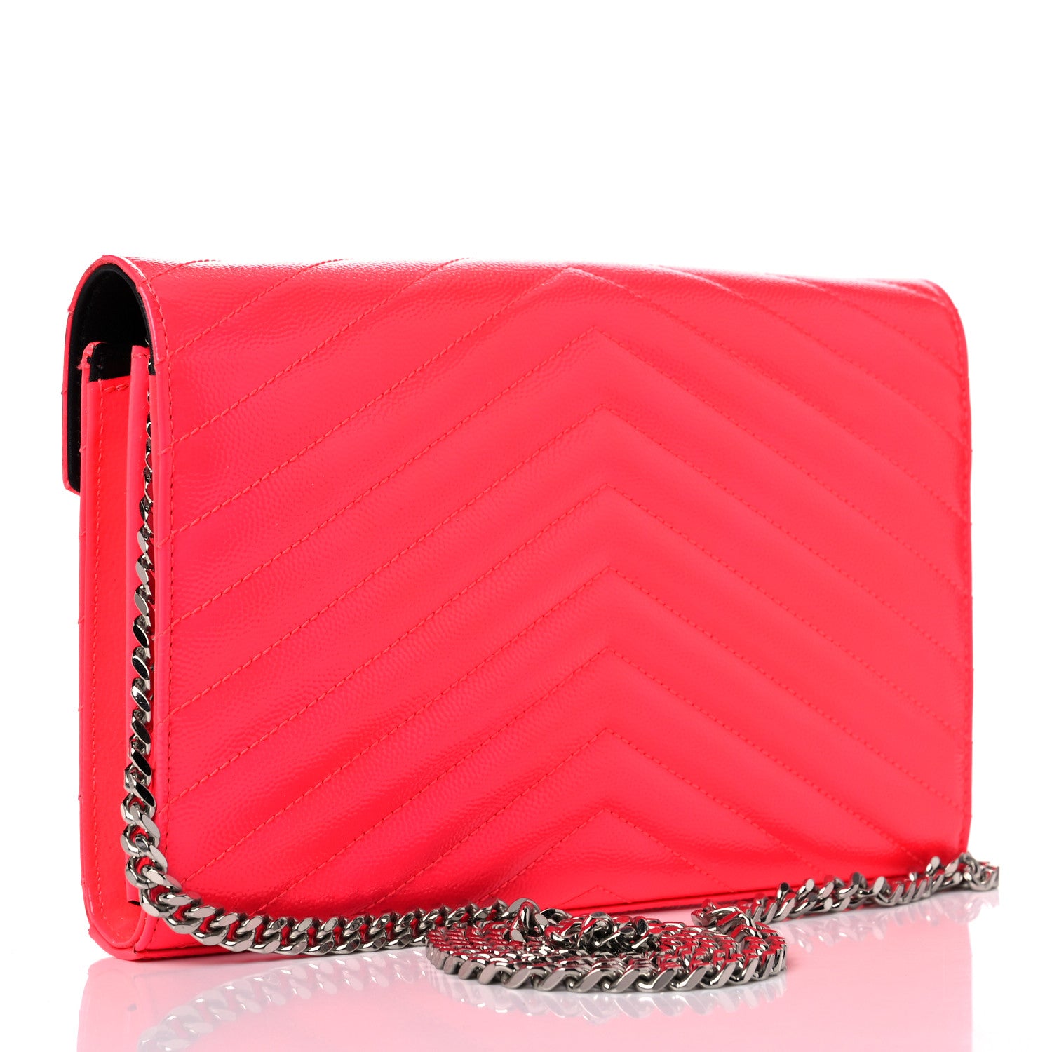 Saint Laurent Patent Grain De Poudre Matelasse Chevron Monogram Chain Wallet Neon Pink 3 of 13