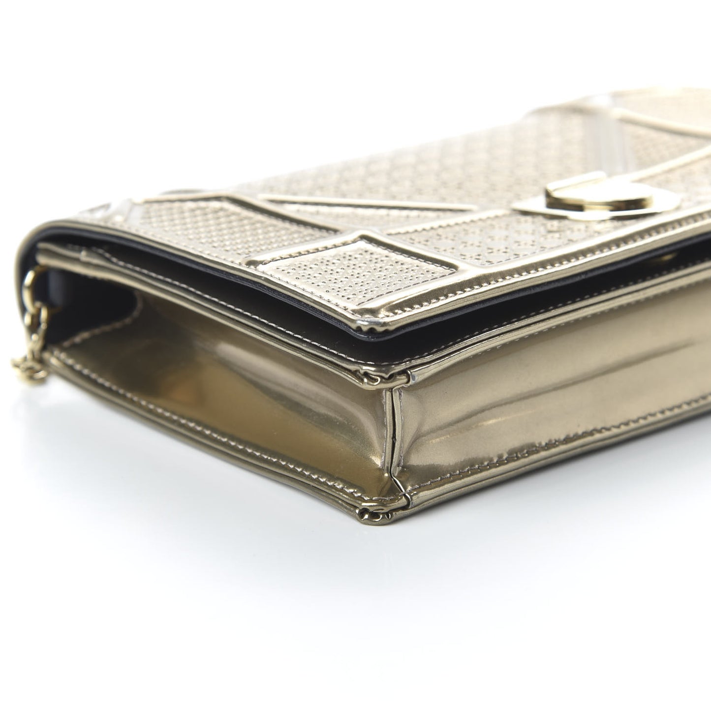 Metallic Patent Micro-Cannage Diorama Wallet on Chain Pouch Gold