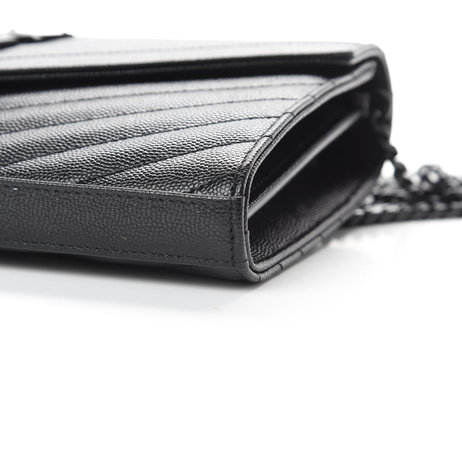 Saint Laurent Grain De Poudre Matelasse Chevron Monogram Chain Wallet Black 10 of 11
