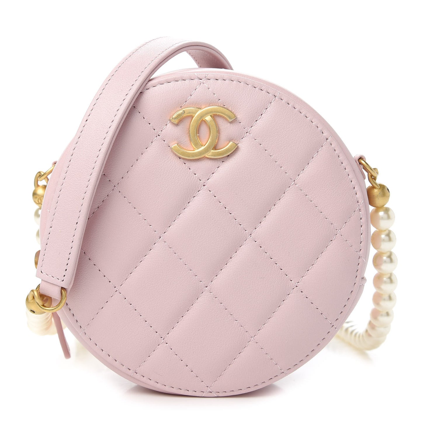 Calfskin Quilted Pearl Round Clutch With Chain Light Pink