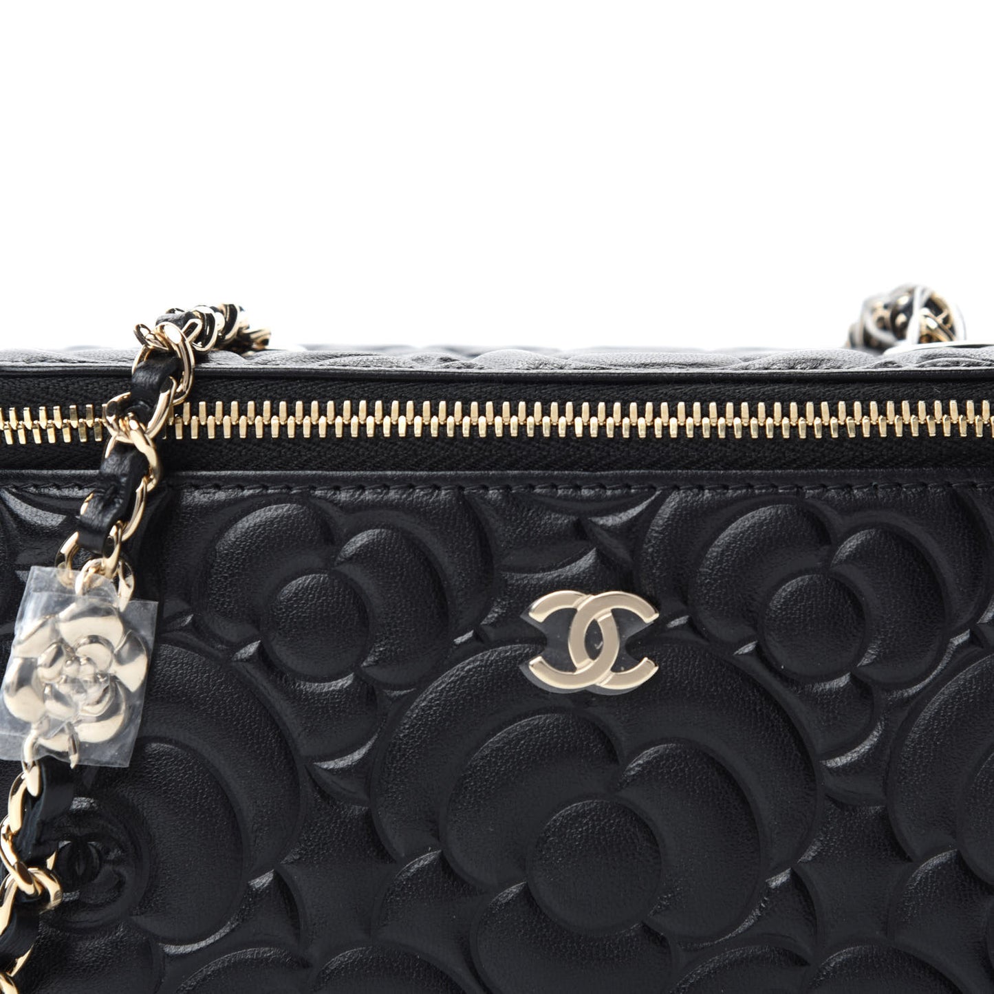 Lambskin Camellia Embossed Small Vanity Case With Chain Black